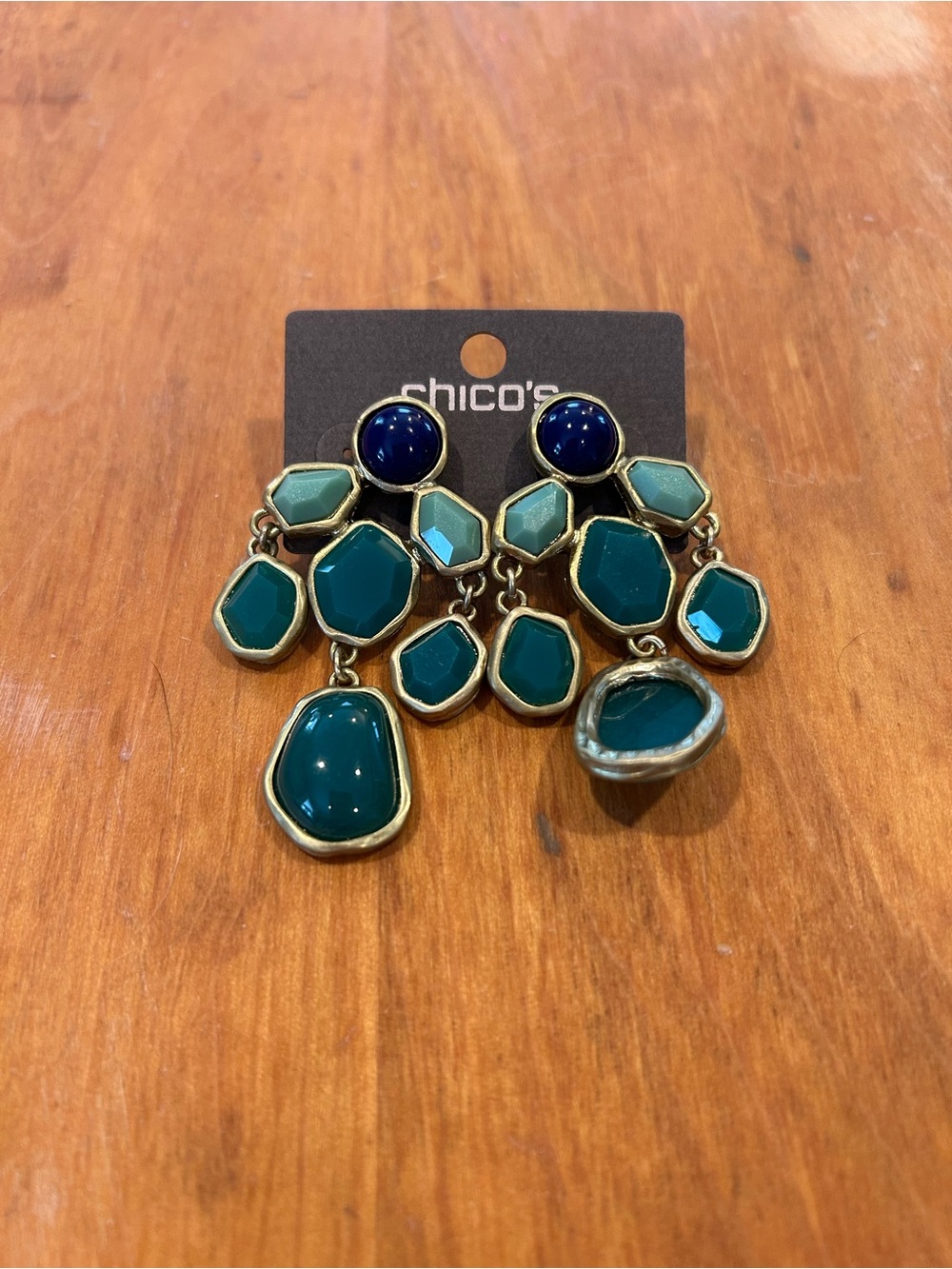 Chico's Gold-Tone Drop Earrings with Teal and Navy Stones